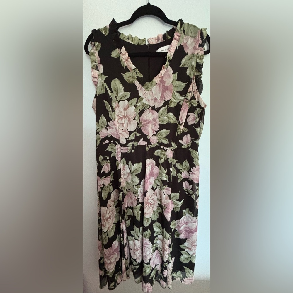 Emma & Michele Black Dress with Pink and Green Floral Accents
